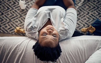 Image showing Sad, crying and black woman with depression, stress or anxiety from broken heart or divorce at home. Tears, stress or person in pain from breakup, trauma or disaster of death or mental health above