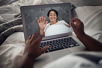 Image showing Video call, laptop screen and wave with old woman in bed for communication, social media or relax. Contact, virtual and chat with senior person in bedroom at home for morning, technology and internet