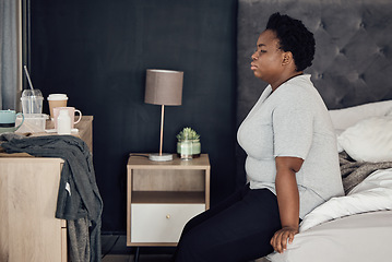 Image showing Thinking, bed and black woman with depression, stress or anxiety from broken heart or divorce at home. Sad, insomnia or person worried by breakup, trauma or disaster of death or mental health mistake