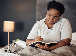 Image showing Bedroom, diary and black woman with depression, writing and stress management with sadness, burnout and home. Journal for mental health, female person and girl with a notebook, depressed and anxiety