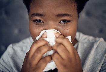 Image showing Crying, sad and black woman with depression, tissue and crisis in home. Tears, stress and African person with anxiety from breakup, trauma or grief for death, mental health problem and frustrated