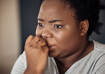 Image showing Nervous, scared and black woman with stress, anxiety or trauma from broken heart or divorce at home. Fear, biting nails or face of person worried by loss or disaster of death or frustrated by crisis