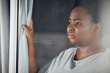 Image showing Curtain, thinking or black woman with depression, stress or mental health problem by window at home. Worry, lonely or tired African person with broken heart, loss or anxiety from emotional grief