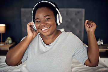 Image showing Smile, music headphones and black woman in portrait, dance and happy in home bedroom. Radio, listening and face of plus size African person hearing audio, podcast and streaming sound online at night