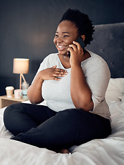 Image showing Phone call, smile and black woman in home bedroom, talking and communication. Smartphone, conversation and African plus size person happy for discussion, chat and speaking to contact in bed in house