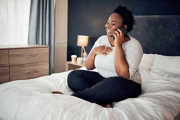 Image showing Phone call, happy and black woman on bed in home, talking and communication in the morning. Smartphone, conversation and African plus size person smile for discussion, chat and speaking in bedroom