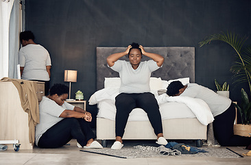 Image showing Depression, insomnia and black woman at night with anxiety, headache and stress at home. Depression, tired and female person with pain for mental health problem, anger and morning fatigue in bedroom