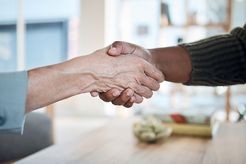 Image showing People, handshake and meeting for counseling support, thank you and welcome or introduction to therapy. Therapist shaking hands with patient or client for hello, consulting or agreement in psychology
