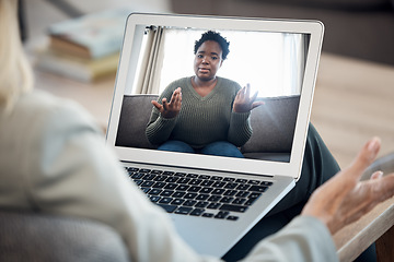 Image showing Woman, video call and therapy on laptop screen for support, advice or helping with mental health in online meeting. Virtual psychologist or therapist talk to client or african person on computer