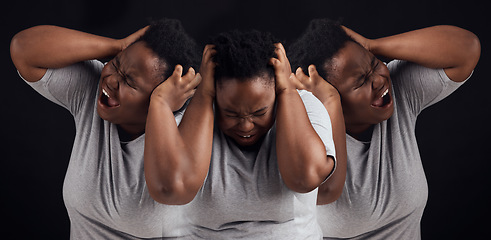 Image showing Schizophrenia, fear and black woman on a studio background for mental health problem. Bipolar, psychology and an African girl or sick person screaming with stress, anxiety or frustrated on a backdrop