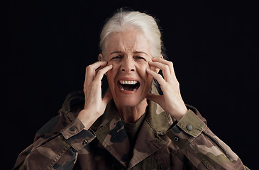 Image showing Soldier portrait, scream and senior woman with PTSD trauma, mental health or anxiety from military service. Army crisis, survivors guilt and studio face of elderly person stress on black background