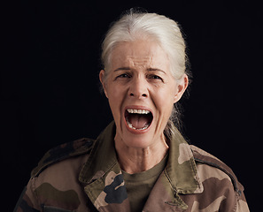 Image showing Portrait, shout and senior woman, soldier or Ukraine war hero with PTSD trauma, fear or depression anxiety. Military warrior, schizophrenia or studio face of scared veteran person on black background