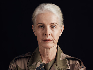 Image showing Soldier, studio portrait and senior woman of military service, battle warrior or Ukraine war hero, leader or navy veteran. Army pride, security and face of elderly person isolated on black background