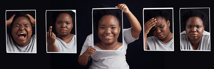 Image showing Mental health, psychology and bipolar with portrait of black woman in studio for schizophrenia, anxiety and depression. Personality disorder, sad and fear with pictures of person on dark background