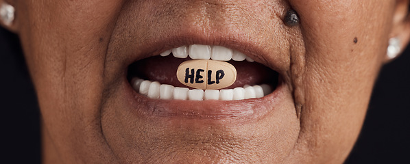 Image showing Mental health, psychology and old woman mouth with tablet for help, stress or psychiatric balance in studio. Depression, anxiety and senior lady with medicine, capsule or ptsd pills, trauma or crisis