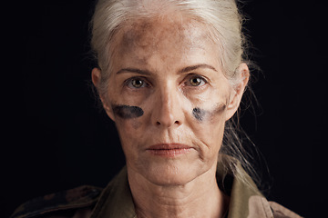 Image showing Soldier, military portrait and senior woman of protection force, battle warrior or Ukraine war hero, leader or navy veteran. Army courage, face paint and elderly studio person on black background
