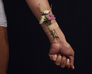 Image showing Hands, bandage and flowers for health, healing and herbal therapy on a black background mockup in studio. Plaster, person and organic plant for alternative medicine, wellness and natural healthcare.