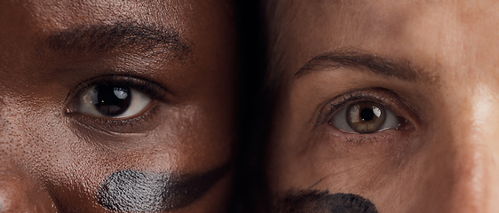 Image showing Eyes, diversity and empowerment with women closeup in studio for human rights or gender equality. Portrait, face and courage with confident female people in a politics protest of violence together