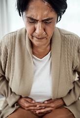 Image showing Stomach pain, sick or illness with a senior woman in her home, holding her belly in discomfort. Healthcare, medical and emergency with an elderly pensioner feeling uncomfortable after food poisoning