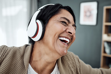 Image showing Headphones, face or happy woman streaming music or dancing to relax with freedom at home. Retirement, smile or excited senior person laughing or listening to a radio song or audio on subscription