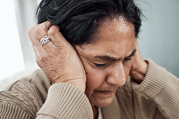 Image showing Schizophrenia, bipolar or mature woman with depression, anxiety or mental health problem at home. Worry, fear or sad senior person thinking of broken heart, death loss or stress from emotional grief