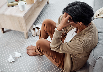 Image showing Stress, divorce or sad woman with depression, anxiety or mental health problem in house living room. Worry, cry or tired person thinking of broken heart, loss or stress from emotional grief at home