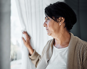 Image showing Senior woman, thinking and focus on the window to future, retirement or question life decision, choice or memory of the past. Elderly person, ideas or anxiety about mental health, death or grief