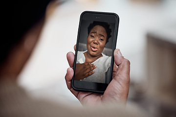 Image showing Video call, communication and black woman on a phone screen with internet connection at home. Online conversation, talking and smartphone in hands of a person for distance chat, call and pov