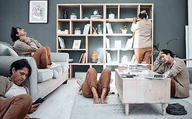 Image showing Mental health, depression or anxiety with a busy woman in the living room of her home during a financial crisis. Stress, headache and burnout with a senior female person multitasking in her house