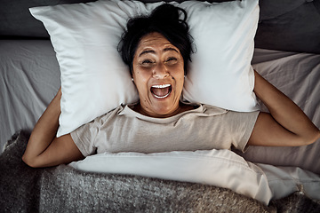 Image showing Screaming, above and a woman in bed with mental health, stress or bipolar. Sad, anxiety and an awake senior person with portrait, insomnia and anger in the bedroom in the morning while shouting