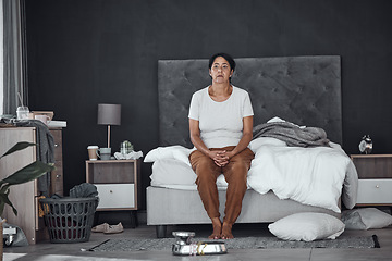 Image showing Tired, morning and a woman in the bedroom with chaos, messy and thinking. Idea, sad and a senior person with depression or mental health problem on the bed with insomnia or home stress with vision