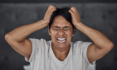 Image showing Shouting, stress and elderly woman in bed with insomnia, vertigo or menopause in her home. Screaming, headache and senior lady frustrated with anxiety, depression or mental health crisis in bedroom