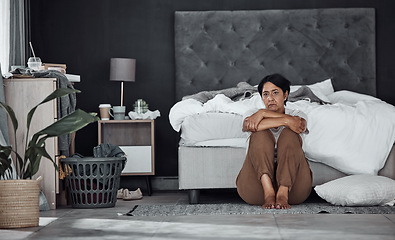 Image showing Insomnia, divorce or mature woman with depression, anxiety or mental health problem in bedroom. Worry, tired or sad senior person thinking of broken heart, loss or stress from emotional grief at home
