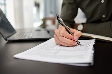 Image showing Documents, accounting and hands of business man in office for checklist, planning and finance. Tax, payment and budget report with closeup of person for investment, survey and invoice paperwork