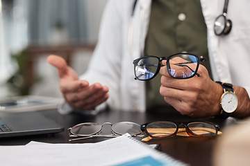 Image showing Glasses, choice and doctor hand in optometrist office with lens shopping and wellness option. Frame, vision and optician decision in clinic for eye support, health and medical exam with professional