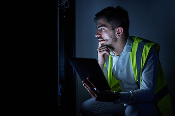 Image showing Information technology, thinking and man with tablet for maintenance, repair and inspection in server room. Engineering, night and IT technician on digital tech for analysis, data and control panel