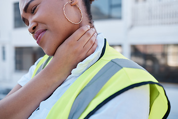 Image showing Engineer, woman and neck pain from injury, stress and burnout in civil engineering, construction and mistake. Tired african architect with accident, health risk and emergency for tension outdoor