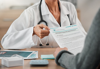 Image showing Hands, doctor and person with monkeypox paper for consultation information, faq and disease education. Patient, consulting and medical professional with documents, pamphlet and flyer on virus control