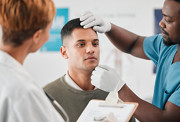 Image showing Doctor, nurse and patient, healthcare and test with people in hospital, check vitals with wellness in medicine. Medical exam, men and woman in clinic, checklist with health insurance and consultation