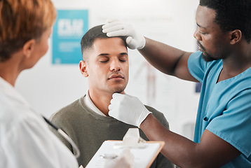 Image showing Doctor, nurse and patient, healthcare and assessment with people in hospital, check vitals with wellness. Medical exam, men and woman in clinic, checklist with health insurance and consultation