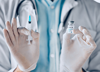 Image showing Covid, vaccine and hands of doctor with healthcare, pharmacy innovation and medical breakthrough. Vaccination, compliance and health expert person with vial and syringe for corona, treatment and cure