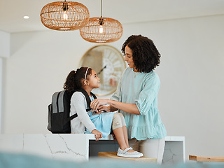 Image showing Happy, care and a mother and child for school in the morning, getting ready and talking. Happy, family and a young mom and a girl kid with love, speaking and backpack in a home for education