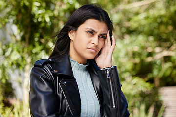 Image showing Sad, stress and thinking with woman in park for fatigue, depression and tired. Mental health, anxiety and burnout with person and headache in nature for frustrated, failure and psychology problem