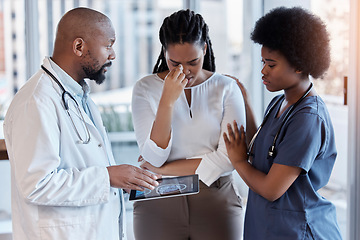 Image showing Sad, medical and tablet with doctor and woman in hospital for results, consulting or empathy. Medicine, healthcare and bad news with man and patient report in african clinic for nurse, help or advice