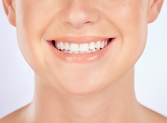 Image showing Dental teeth, smile or mouth of happy person with morning self care, bathroom routine or gum protection. Clean tooth, enamel care or closeup studio model with oral hygiene health on white background