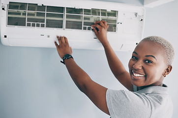 Image showing Portrait, black woman and electrician for ac repair, electrical box and fan maintenance. Happy female mechanic, technician and engineer fix power system, hvac service and air conditioning machine