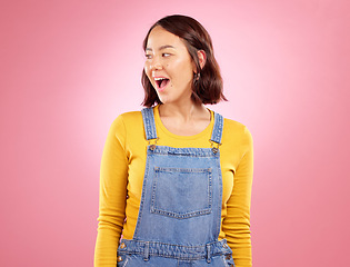 Image showing Wow, surprise and mockup, woman in studio with excited face for deal, sale or promo on pink background space. Happy facial expression, giveaway announcement or shock for asian girl in casual fashion.