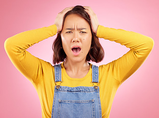 Image showing Wow, surprised and portrait of woman in studio, confused face with doubt and fear on pink background. Shock facial expression, frustrated gesture and alarm emoji for asian girl in casual fashion.