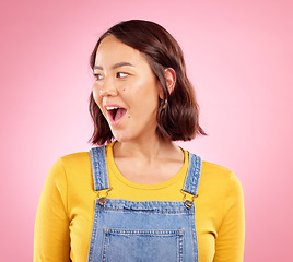 Image showing Wow, shock and surprise woman in studio with excited face for deal announcement, sale or promo on pink background. Happy facial expression, giveaway or notification for asian girl in casual fashion.