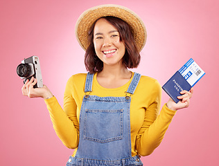 Image showing Woman, photography and camera with ticket, studio portrait and travel for memory by pink background. Gen z student girl, excited and identity paperwork for compliance for international immigration